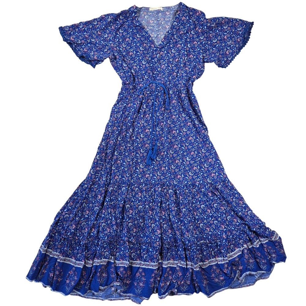 R.Vivimos Blue Floral Boho Maxi Dress Tiered Tassel Flutter Sleeve Model Summer
